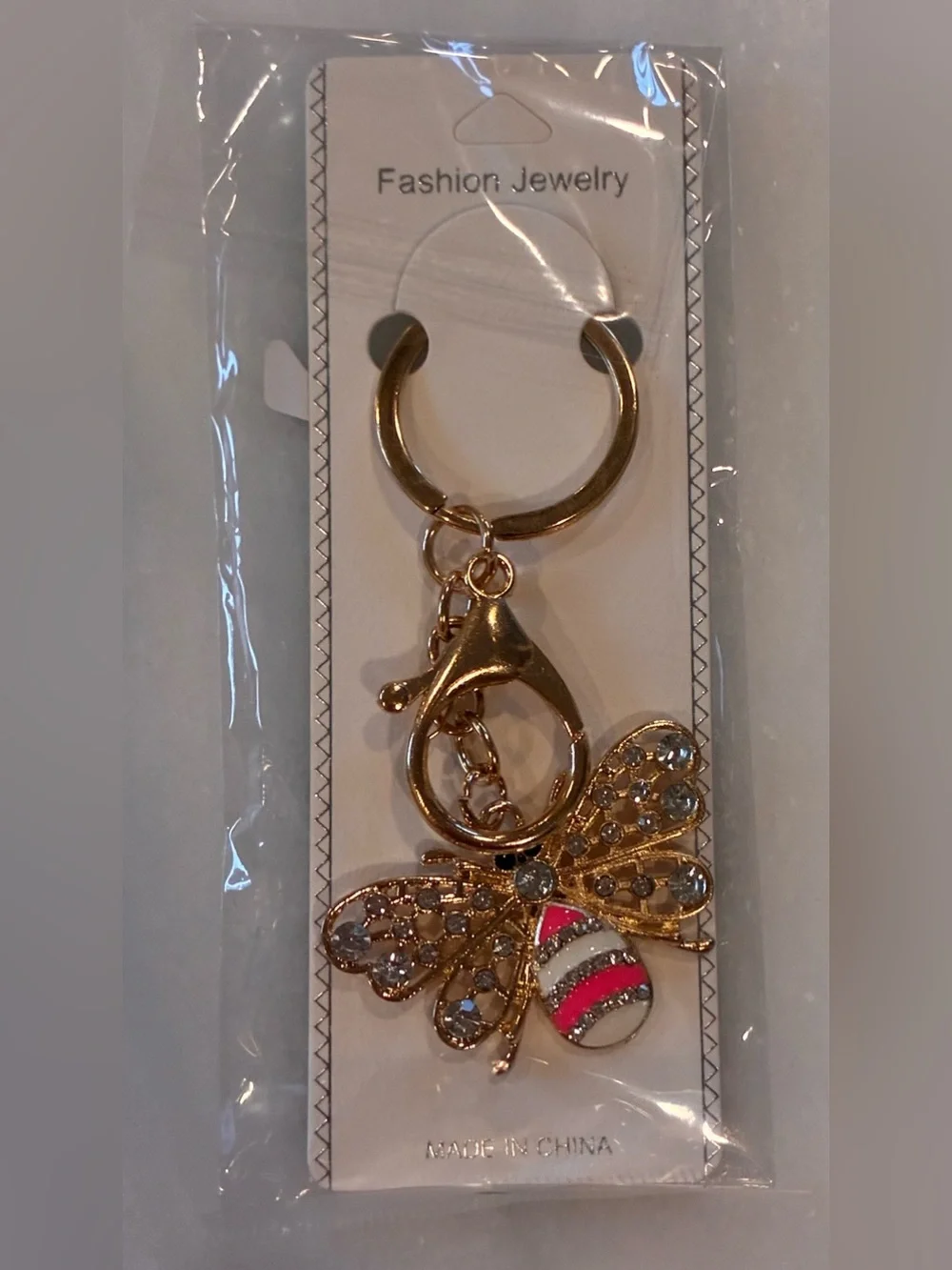 Gold Bee Keychain with Pink & White Enamel rhinestones bag charm back pack